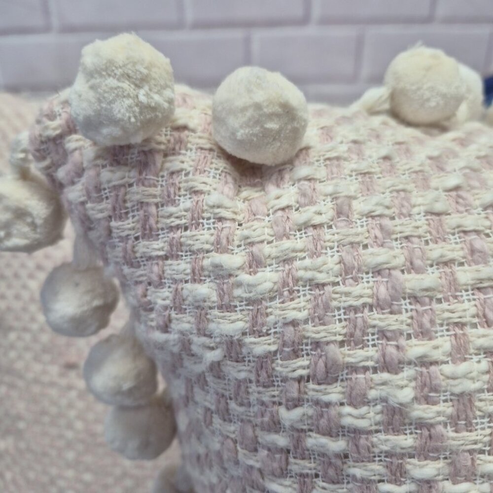 Pier 1 Decorative Pom Pom Throw Pillows Woven Pattern Neutral Colors 18x18in - Picture 2 of 5